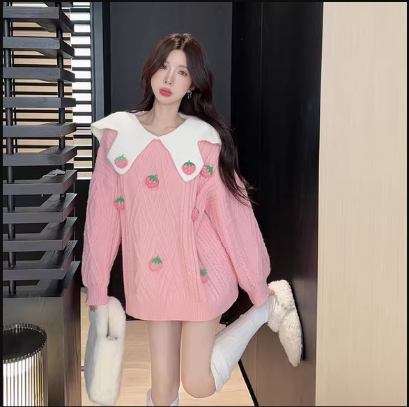 秋冬甜美减龄可爱立体宽松娃娃领设计感慵懒风针织套头毛衣女长袖